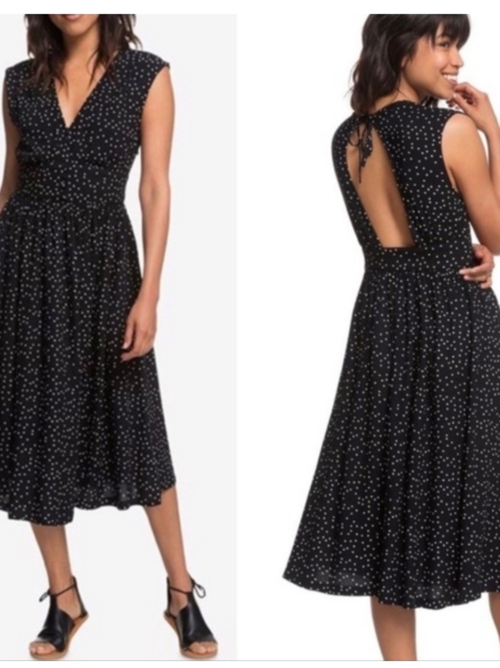 Roxy Black Polka Dot Midi Dress with Open Back